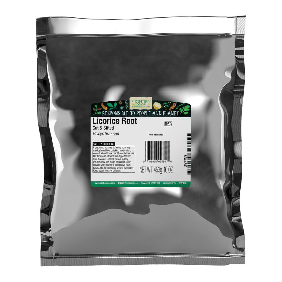 Frontier Co-op licorice root sticks, 1lb bag, cut and sifted.