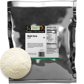 Frontier Co-op maple syrup powder bag open showing silky texture for baking.