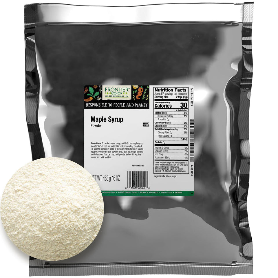 Frontier Co-op maple syrup powder bag open showing silky texture for baking.