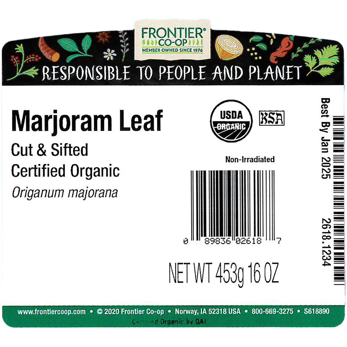 Close-up of Frontier Co-op marjoram leaf shows fragrant dried herb ideal for soups.