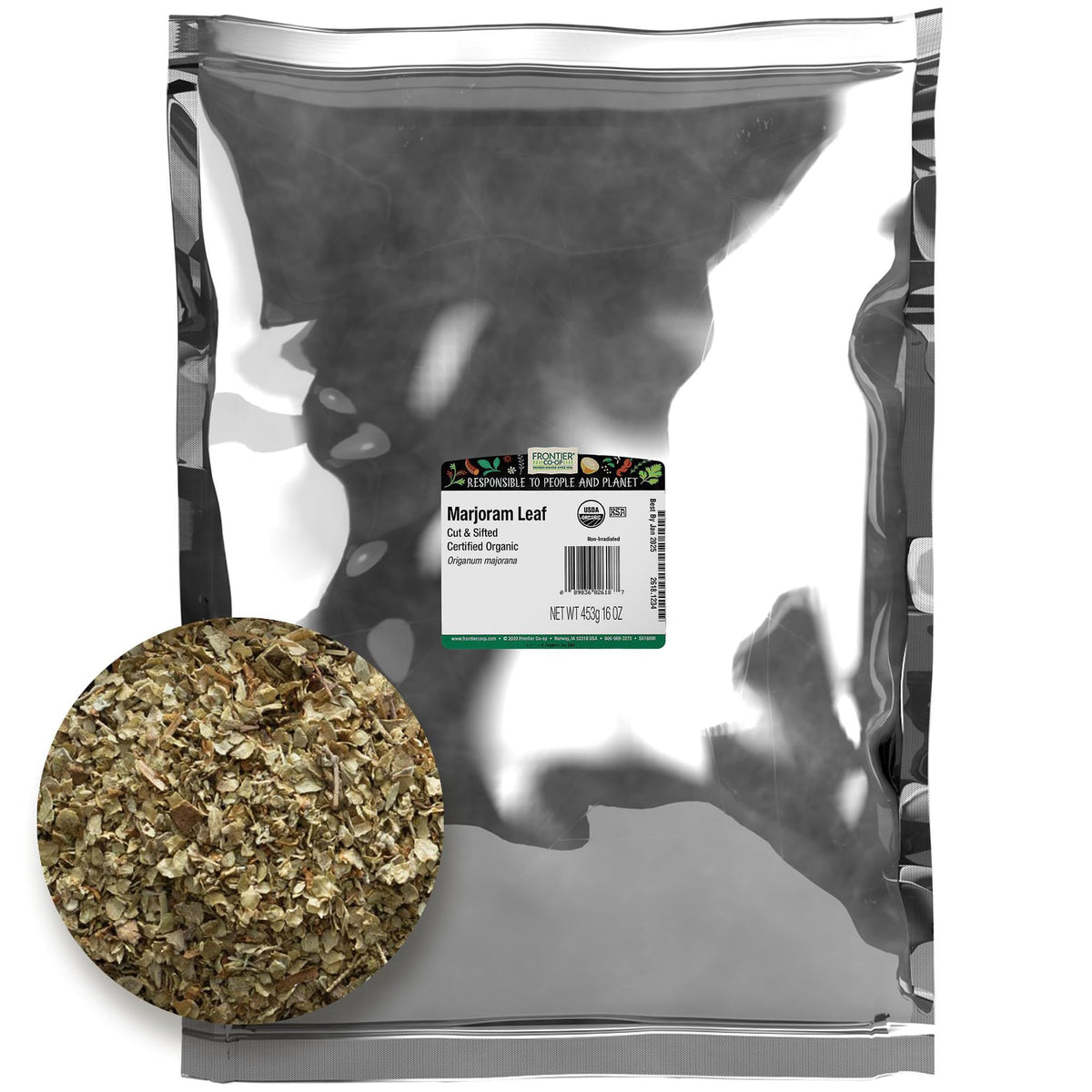 Frontier Co-op marjoram leaf cut and sifted in 16 oz bag for versatile seasoning.