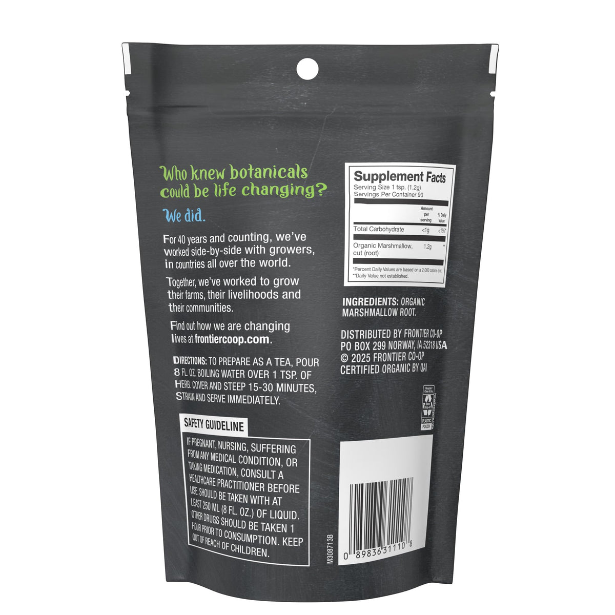 Frontier Co-op Marshmallow Root loose cut perfect for steeping herbal brews.