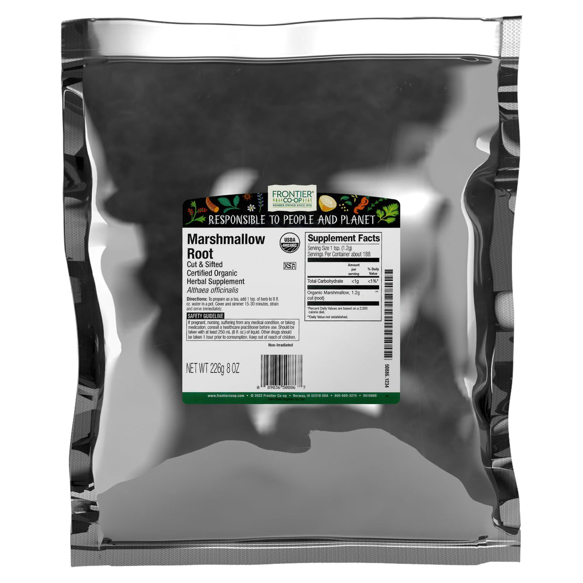 Frontier Co-op Marshmallow Root cut and sifted pack texture for herbal brews.