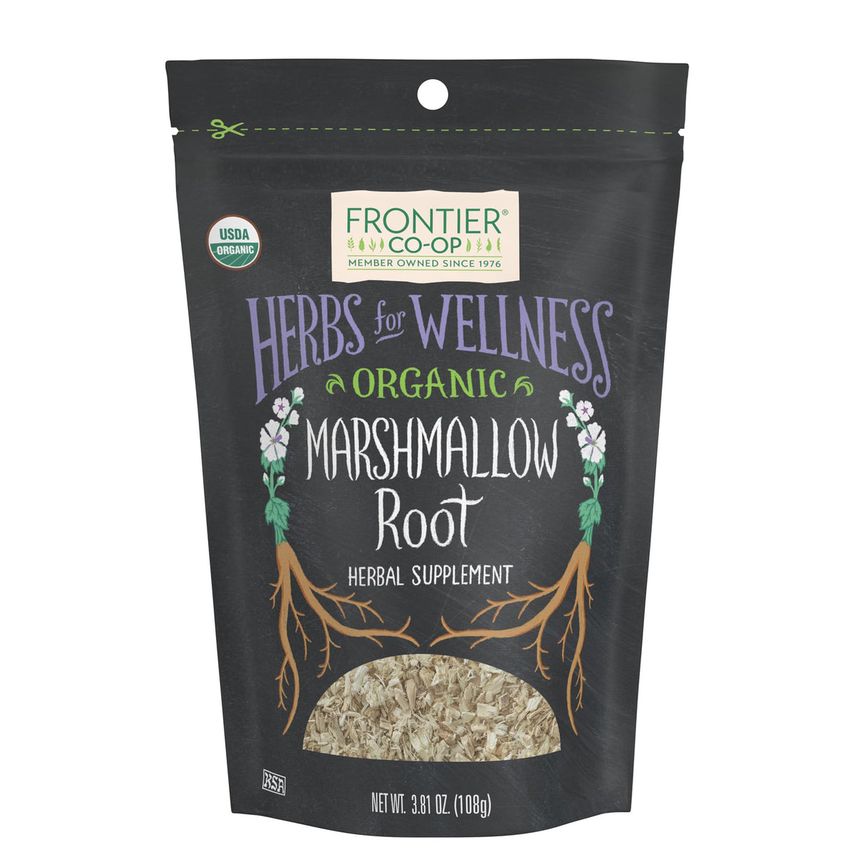 Frontier Co-op Marshmallow Root cut and sifted packaging ideal for teas and syrups.