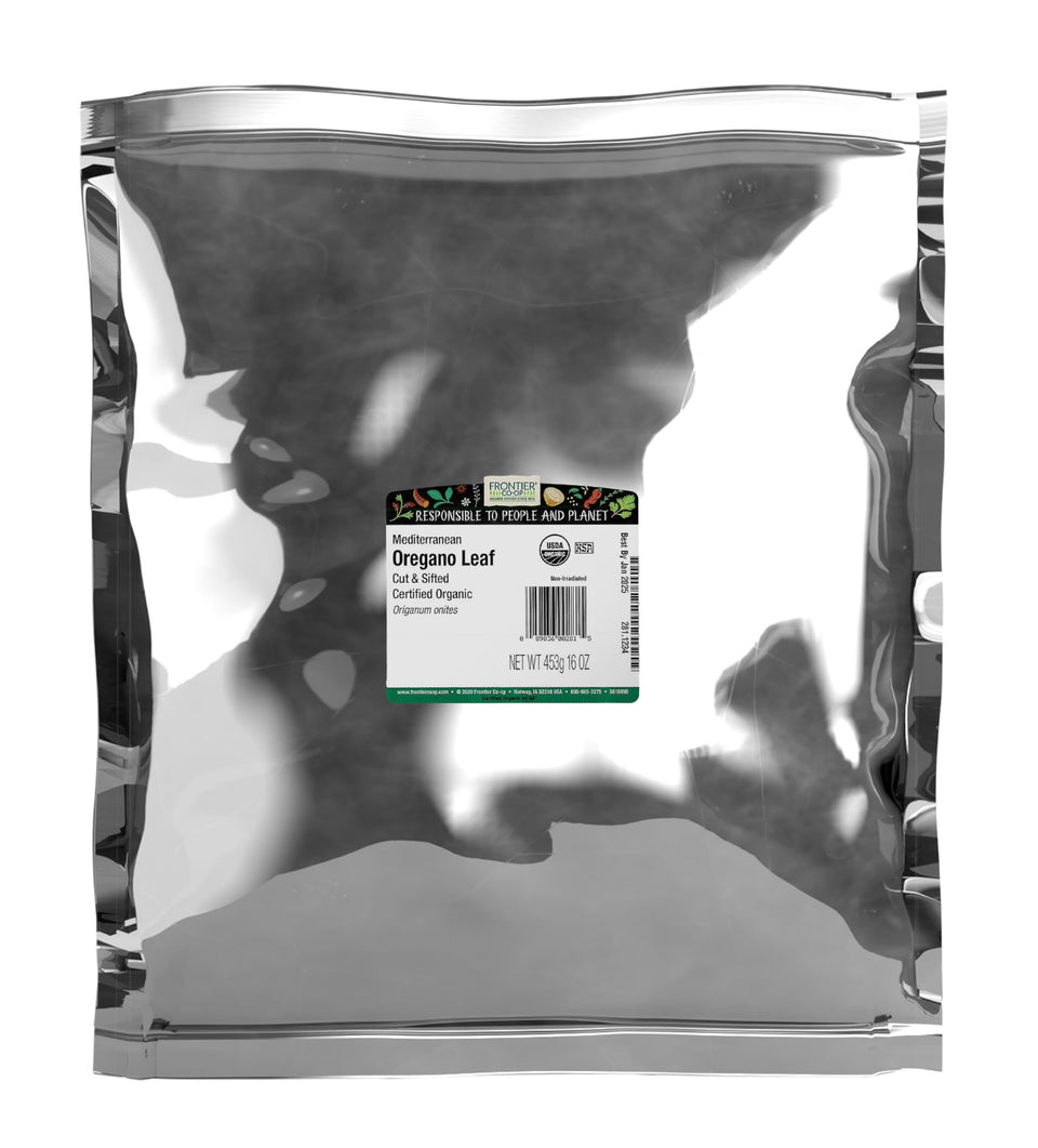 Frontier Co-op Mediterranean Oregano close-up highlighting bright aroma for Italian dishes.