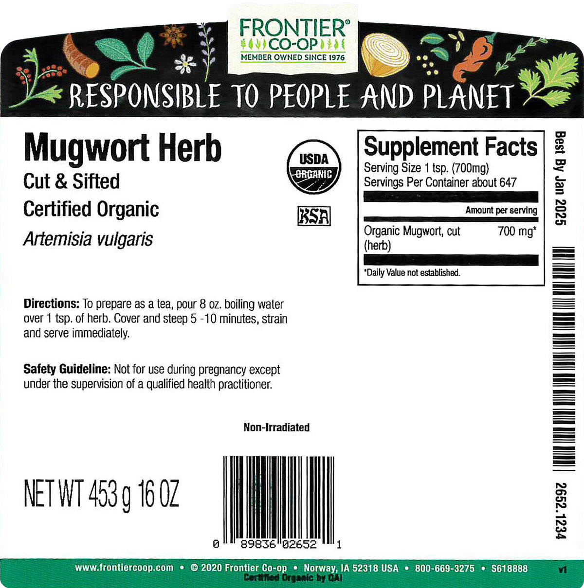 Frontier Co-op Mugwort Herb originating from Bulgaria, signaling natural sourcing