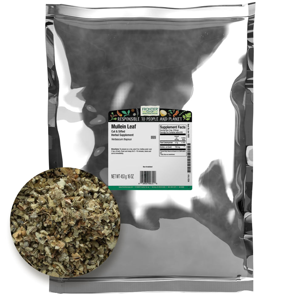 Frontier Co-op Mullein Leaf loose tea leaves for a soothing, caffeine-free cup.