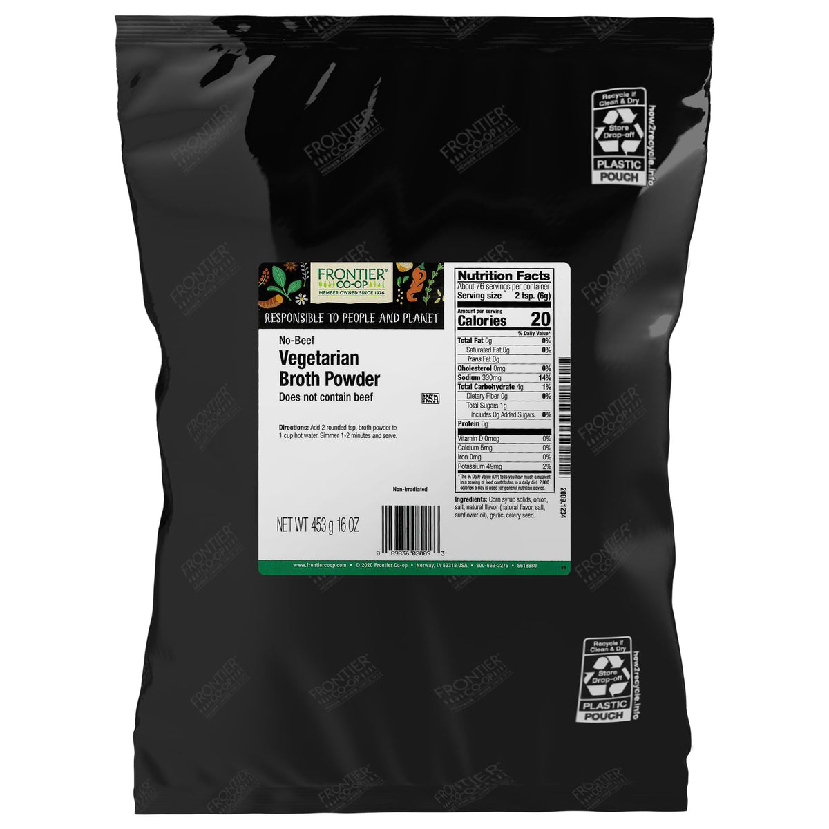 Frontier Co-op No-Beef Broth Powder bulk bag boosts vegetarian soups with rich flavor.