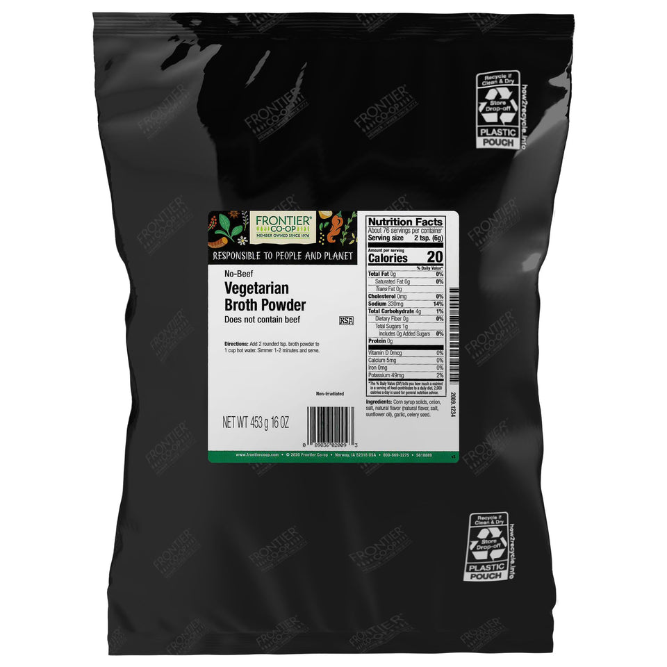 Frontier Co-op No-Beef Broth Powder bulk bag boosts vegetarian soups with rich flavor.