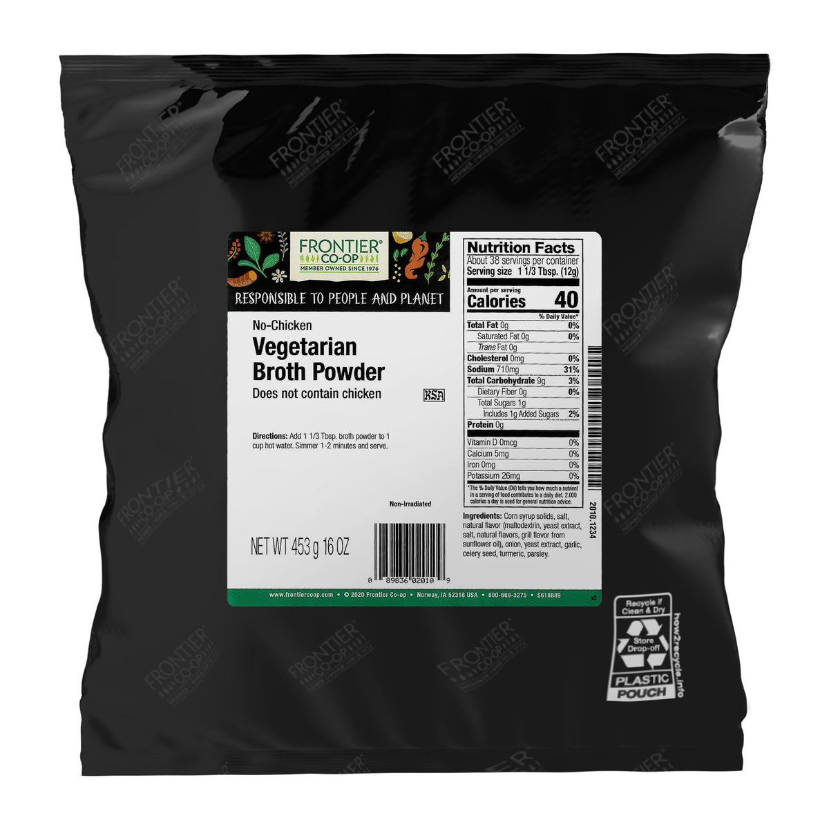Frontier Co-op No-Chicken Broth Powder bag 16oz ready for vegan stock.