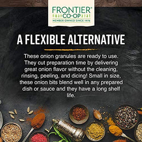 Frontier Co-op onion granules exhibit robust, savory flavor for quick seasoning.