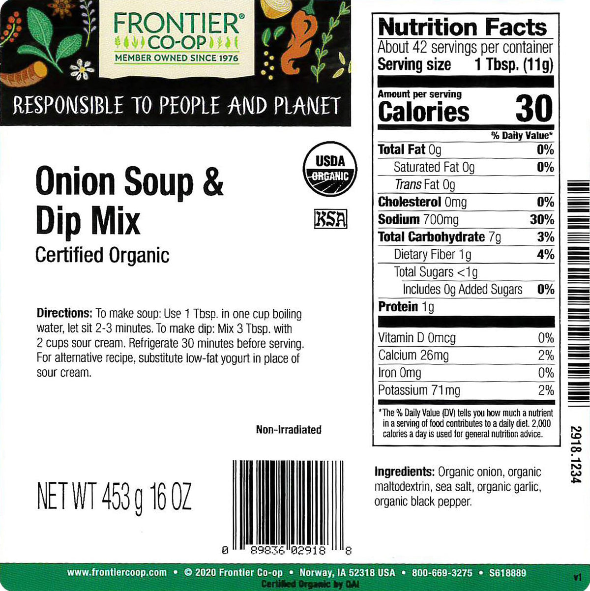 Frontier Co-op Onion Soup and Dip Mix dry blend packaging ready for versatile recipes.