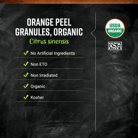 Closeup of Frontier Co-op orange peel granules aroma highlighting bright fragrance for desserts