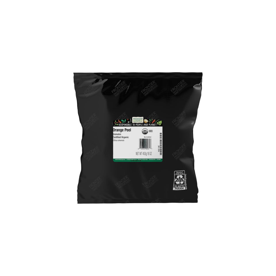 Frontier Co-op orange peel granules bulk 1lb package showing intense citrus aroma for marinades