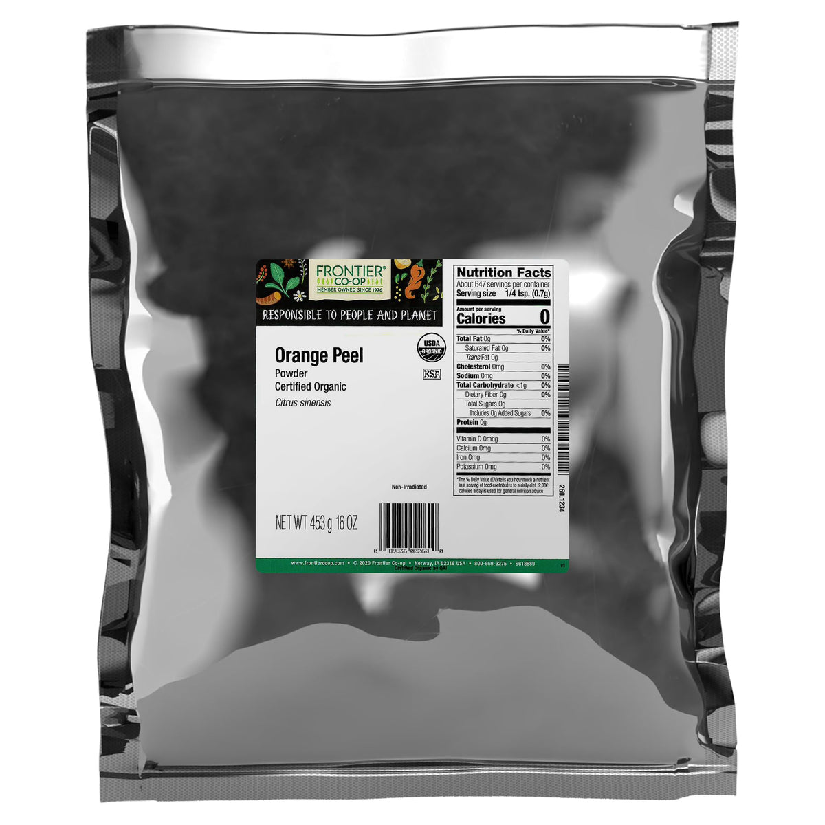 Frontier Co-op Organic Orange Peel Powder bulk bag with vibrant zest for cooking and baking