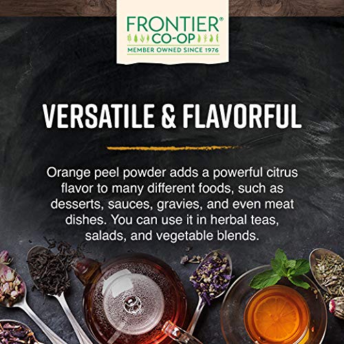Frontier Co-op orange peel powder packaging close-up emphasizes organic and kosher quality