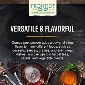 Frontier Co-op orange peel powder packaging close-up emphasizes organic and kosher quality