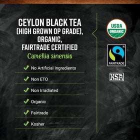 Close-up of Frontier Co-op Orange Pekoe tea leaves for rich flavor.