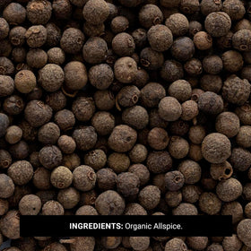 Frontier Co-op organic allspice whole berries on display promote rich flavor in baking and stews.