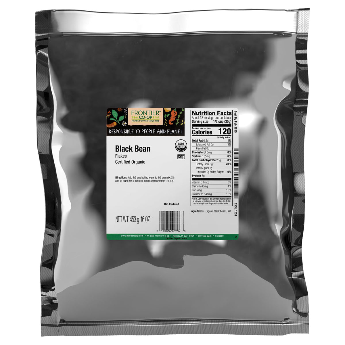 Frontier Co-op Organic Black Bean Flakes in a 1 lb bag for versatile cooking