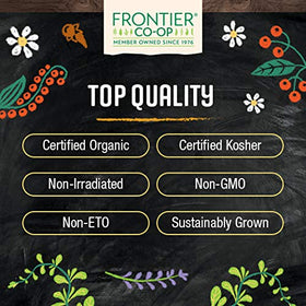 Frontier Co-op Organic Black Pepper label, highlighting organic, kosher-certified seasoning.