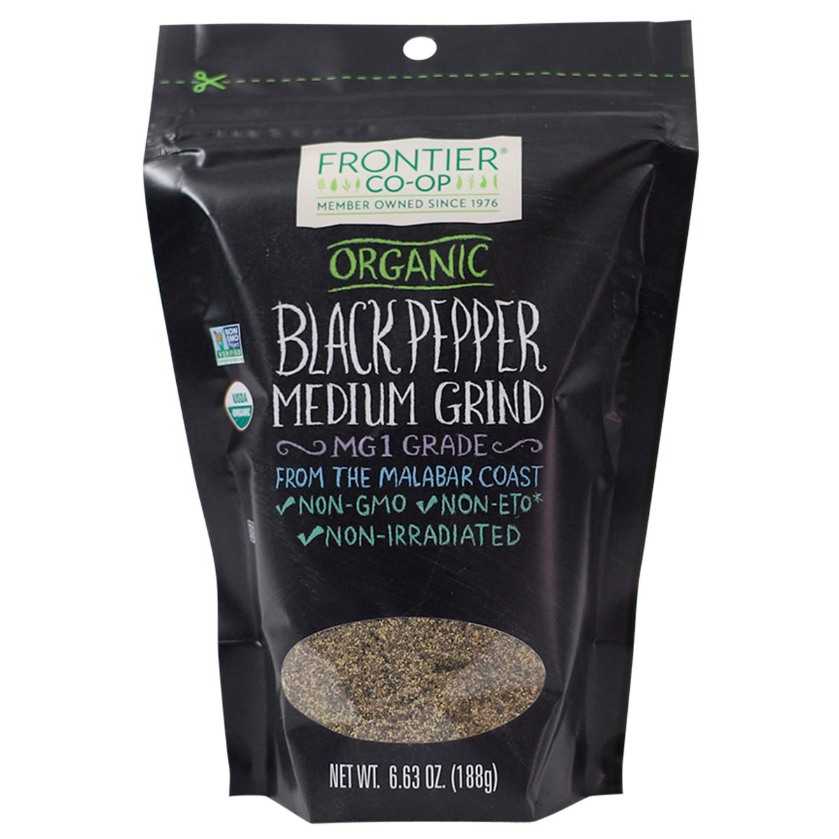 Frontier Co-op Organic Black Pepper jar highlights rich aroma for everyday cooking