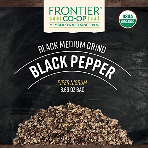 Frontier Co-op Black Pepper shaker showcases medium grind ideal for table seasoning
