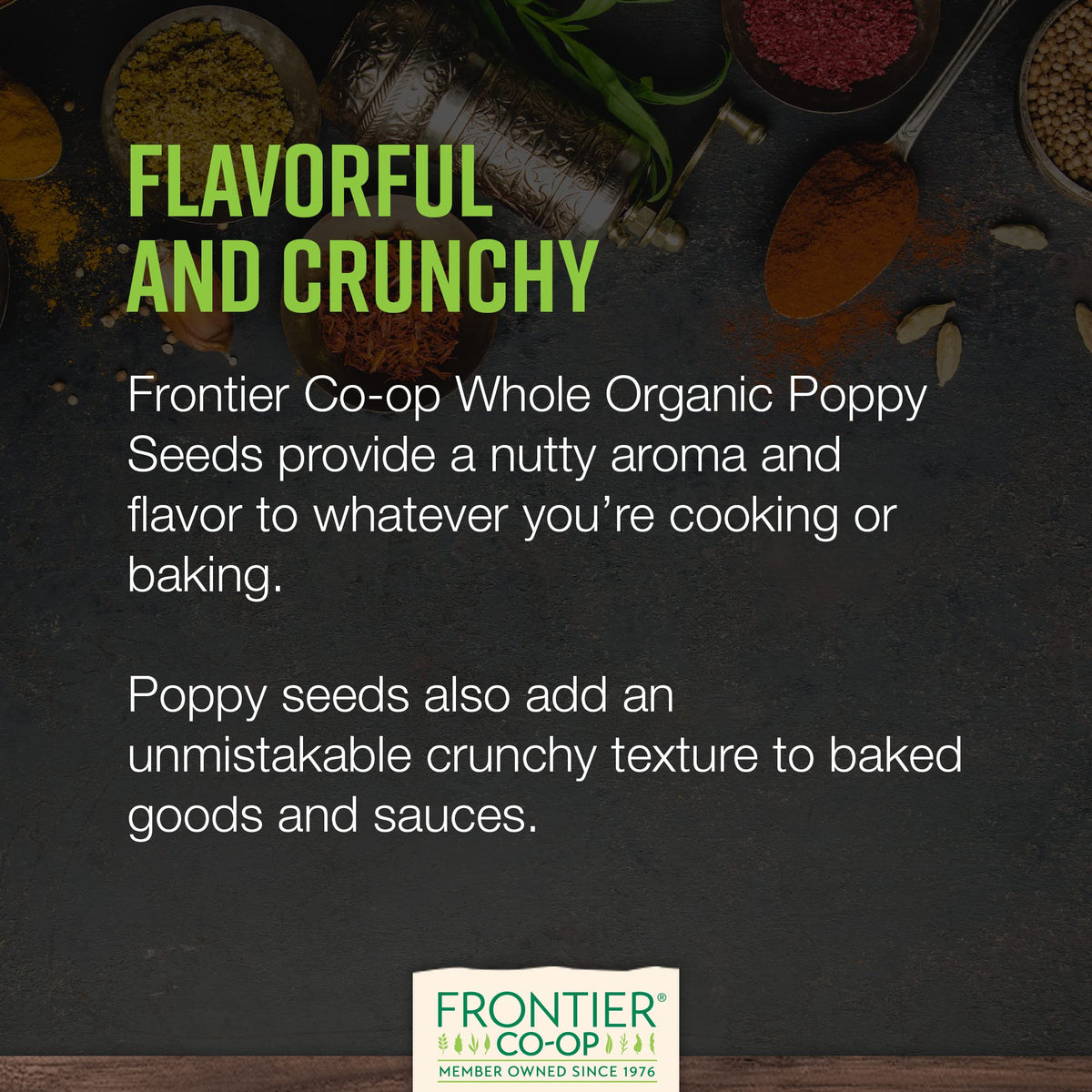 Frontier Co-op organic poppy seeds, uniform blue-black appearance for consistent presentation.