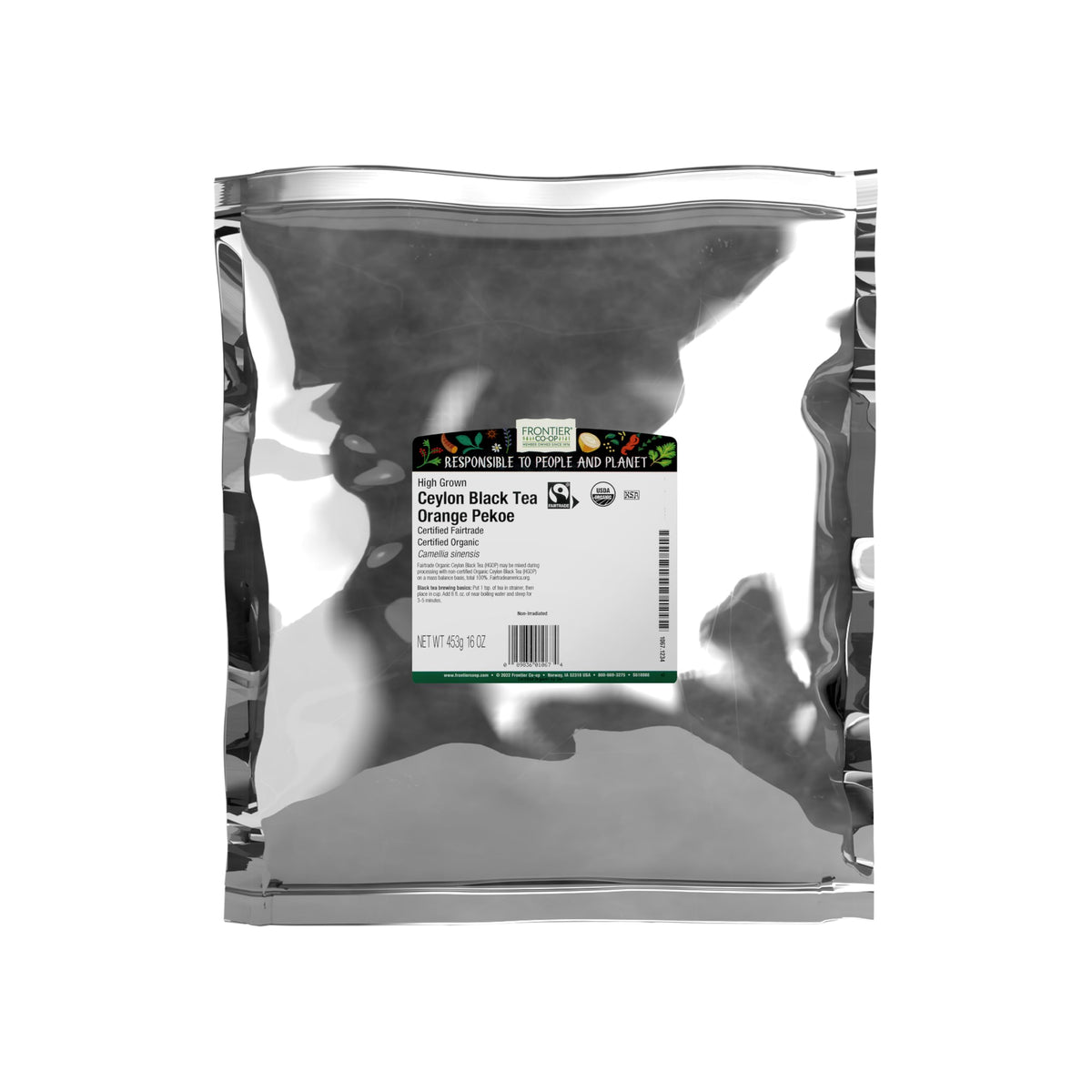 Frontier Co-op Organic Ceylon Black Tea bulk bag ready for brewing.