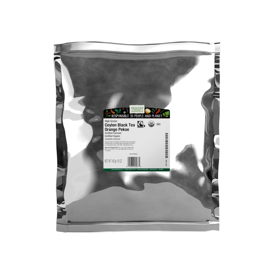 Frontier Co-op Organic Ceylon Black Tea bulk bag ready for brewing.