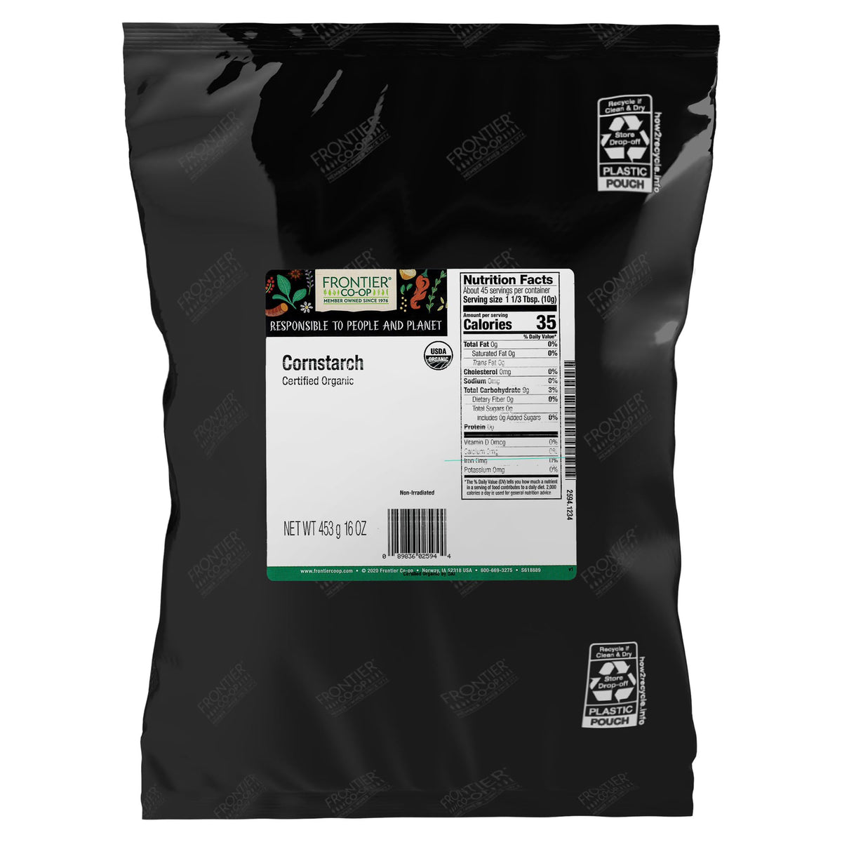 Frontier Co-op Organic Cornstarch 1 lb package, fine powder ideal for thickening sauces.