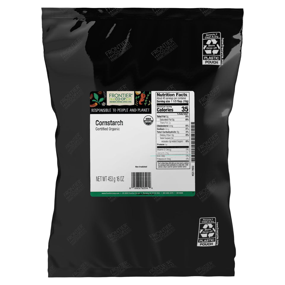 Frontier Co-op Organic Cornstarch 1 lb package, fine powder ideal for thickening sauces.