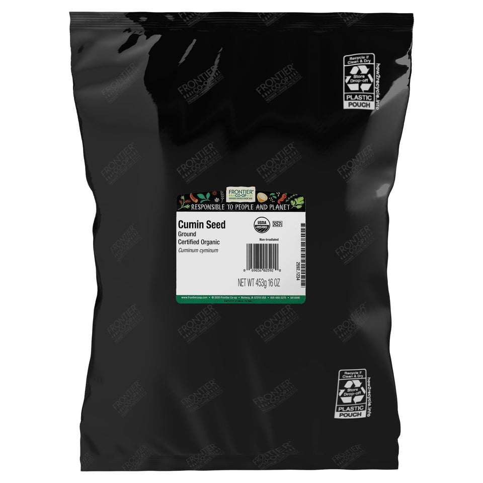 Frontier Co-op Organic Ground Cumin Powder in a 1lb bulk bag; ideal for chili and stews.