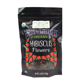 Frontier Co-op organic hibiscus flowers in a resealable bag for fresh flavor