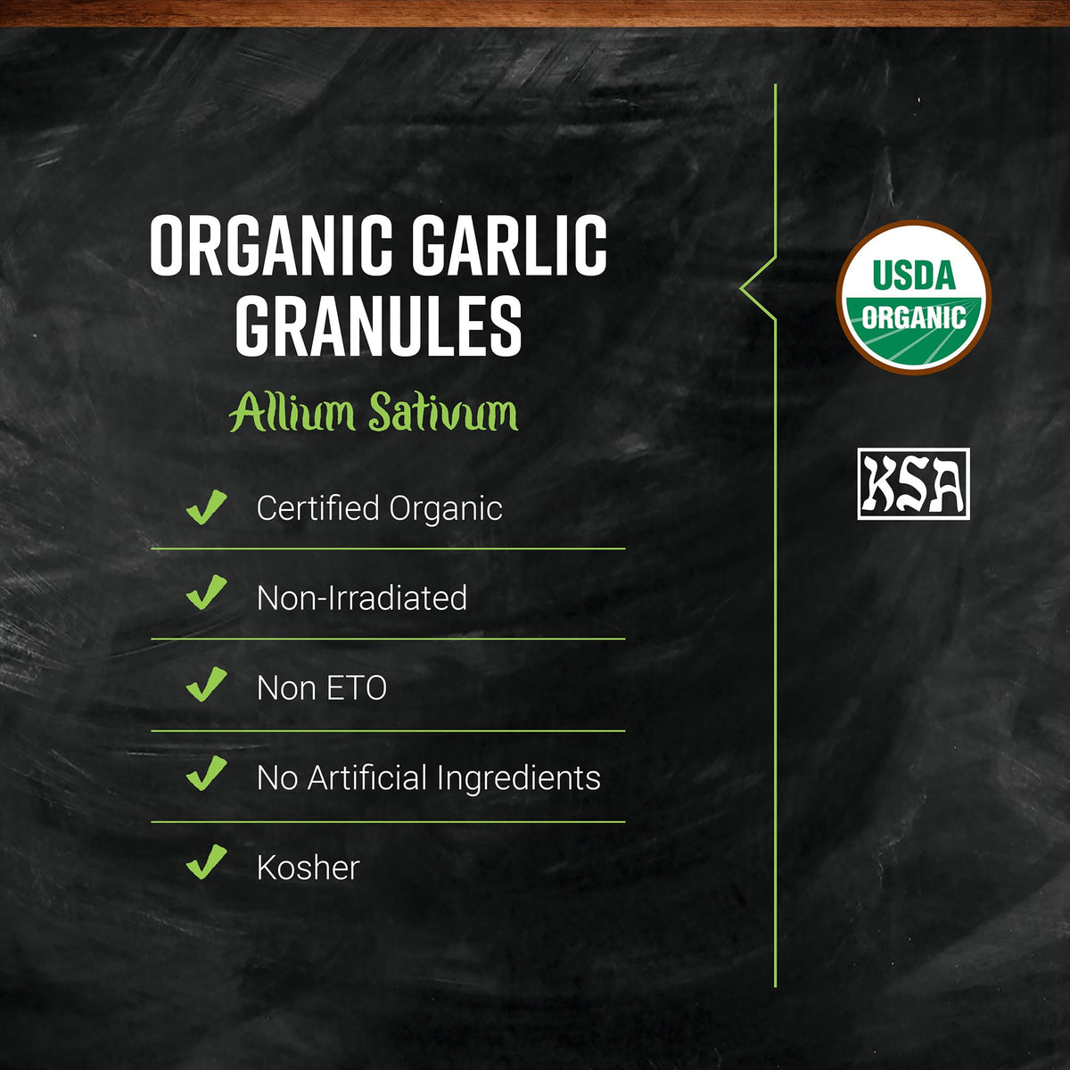 Frontier Co-op Organic Garlic Granules origin-us label signaling US-made quality.