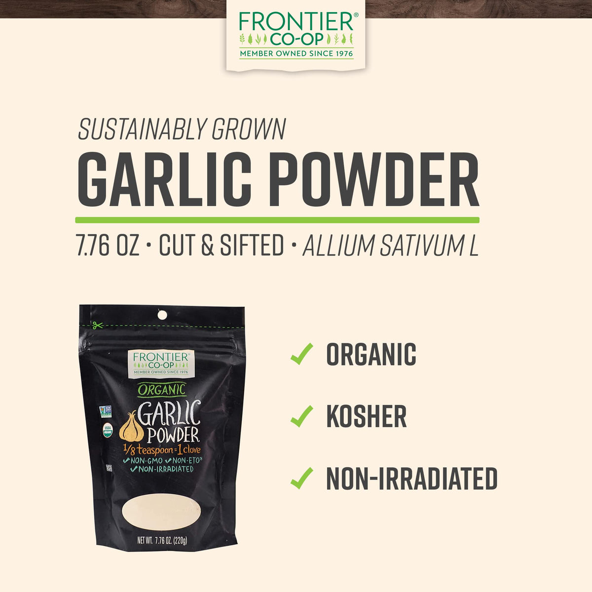 Frontier Co-op organic garlic powder bag close-up for pure, versatile seasoning.