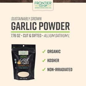 Frontier Co-op organic garlic powder bag close-up for pure, versatile seasoning.