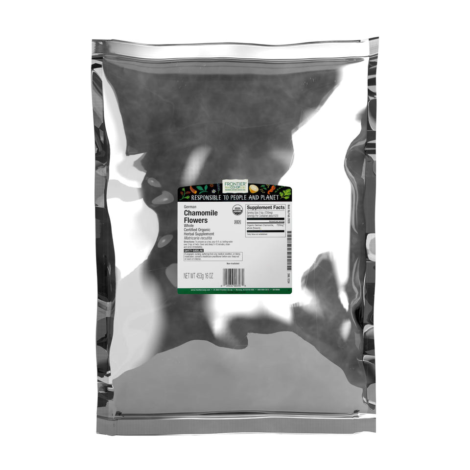 Frontier Co-op organic German chamomile flowers bulk bag, apple-like aroma for relaxing tea