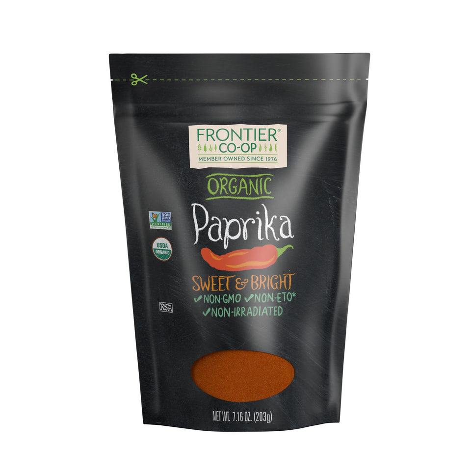 Frontier Co-op Organic Ground Paprika bag front showing resealable packaging for freshness