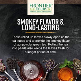 Frontier Co-op organic gunpowder tea packaging emphasizes recyclable bulk packaging