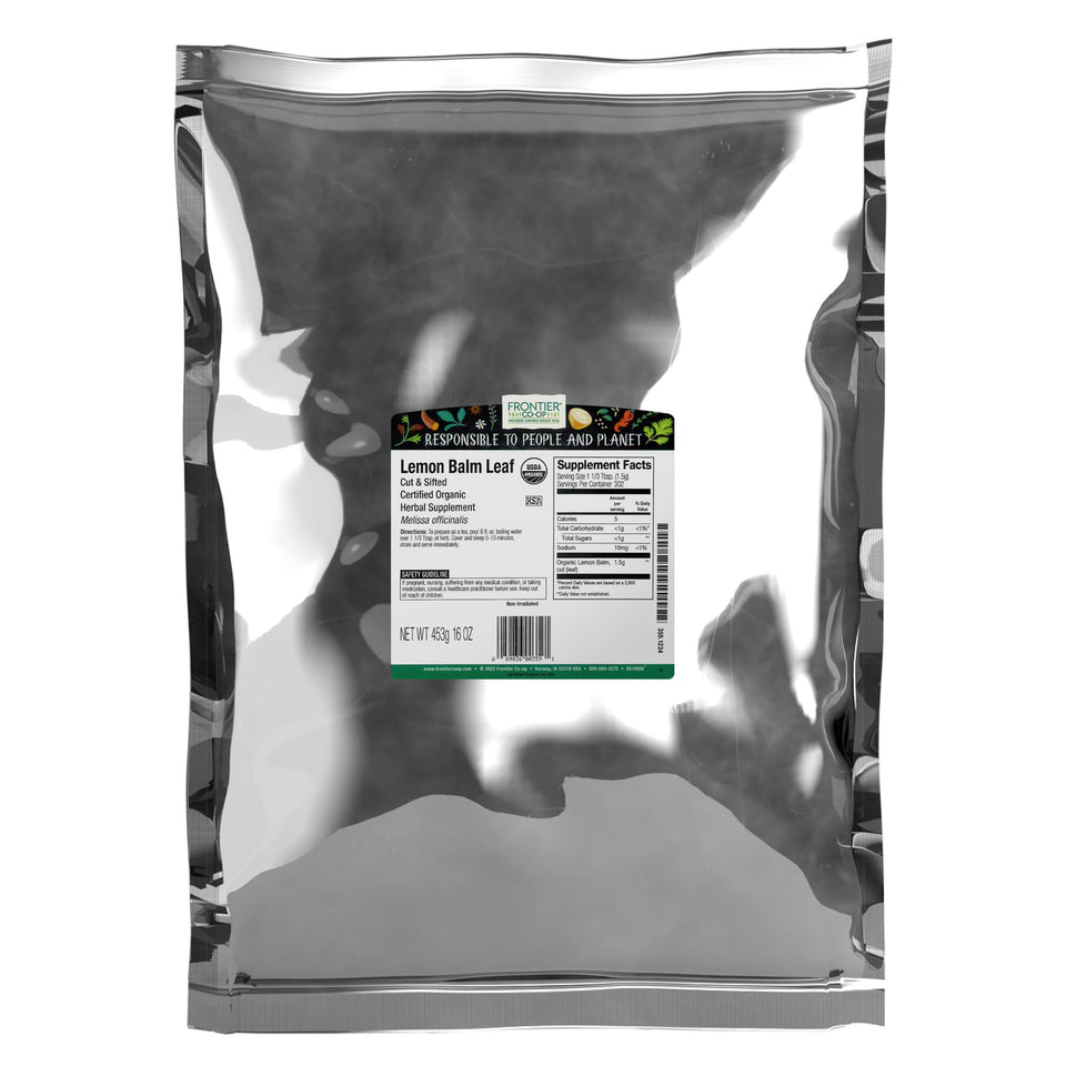 Frontier Co-op Organic Lemon Balm Leaf bulk pack ready for tea blends.
