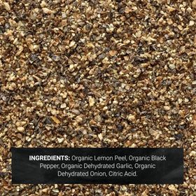 Frontier Co-op Organic Lemon Pepper closeup shows bright lemon zest and peppery aroma.