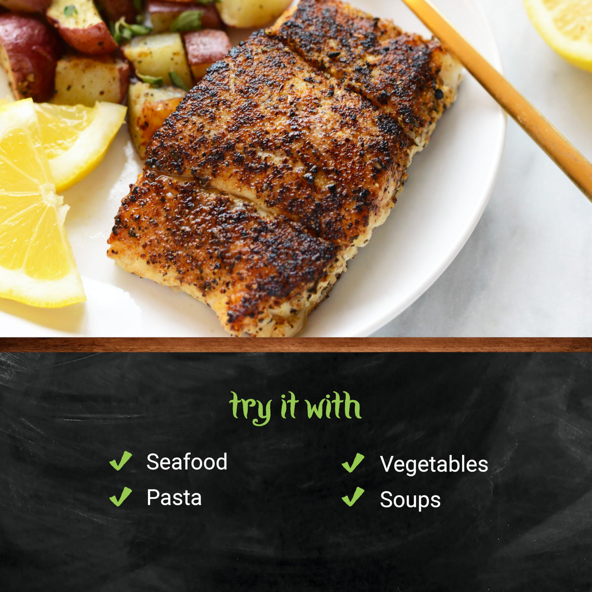 Frontier Co-op Organic Lemon Pepper on a dish adds citrus brightness.