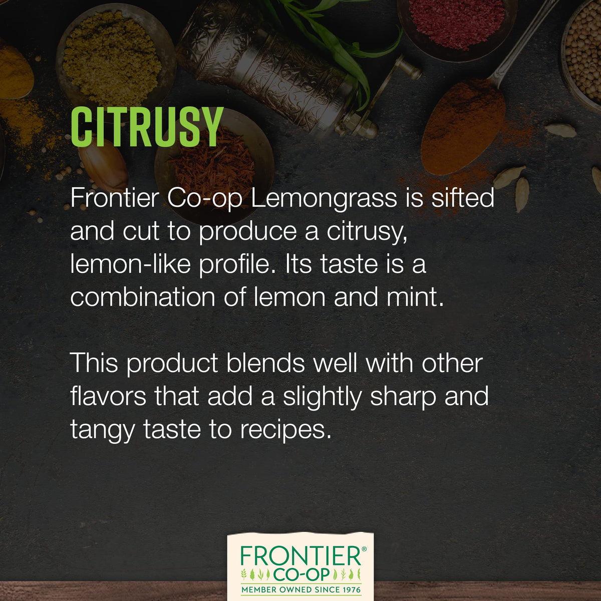 Frontier Co-op organic lemongrass for tea blends and flavor boosts.