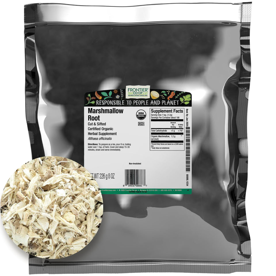 Frontier Co-op Organic Marshmallow Root bottle, ideal for infusing teas and syrups.