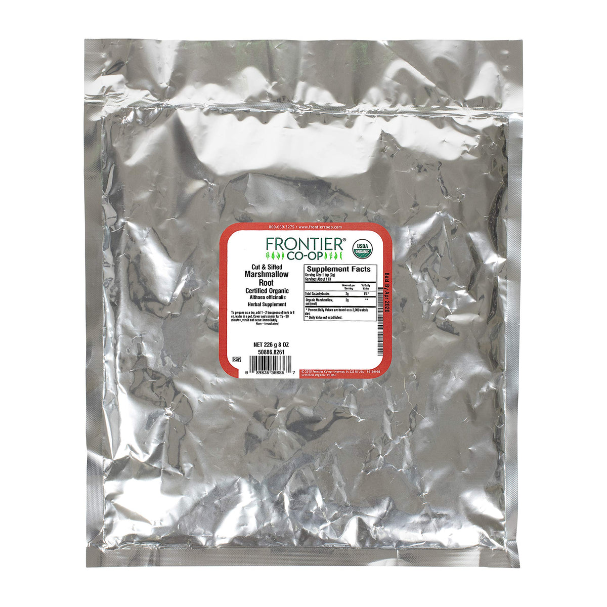 Frontier Co-op Organic Marshmallow Root label, ready for home use in skin care or DIY formulas.