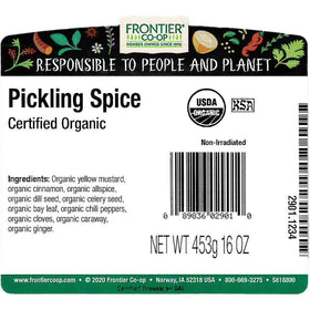 Frontier Co-op Organic Pickling Spice ingredients spread, showcasing whole spices.