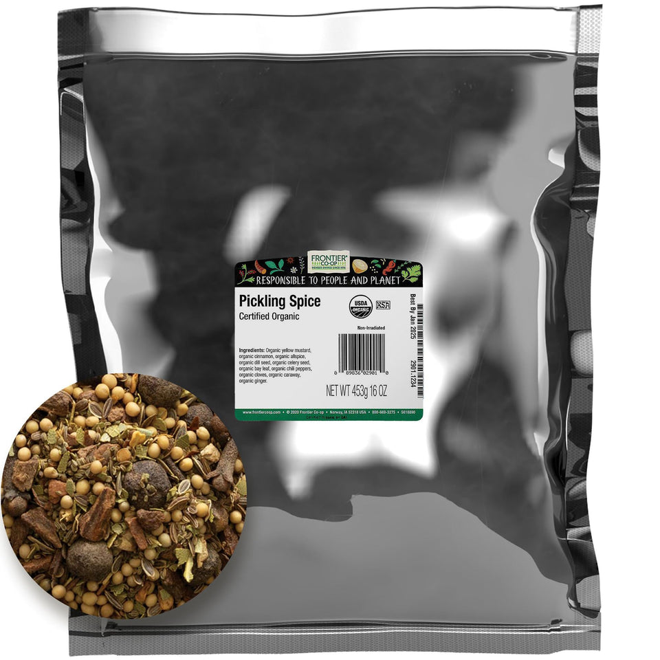 Frontier Co-op Organic Pickling Spice in a jar for vibrant, long-lasting pickles.