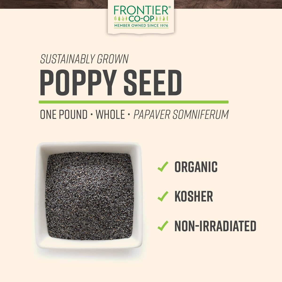 Frontier Co-op poppy seeds bottle, crunchy texture to brighten salads.