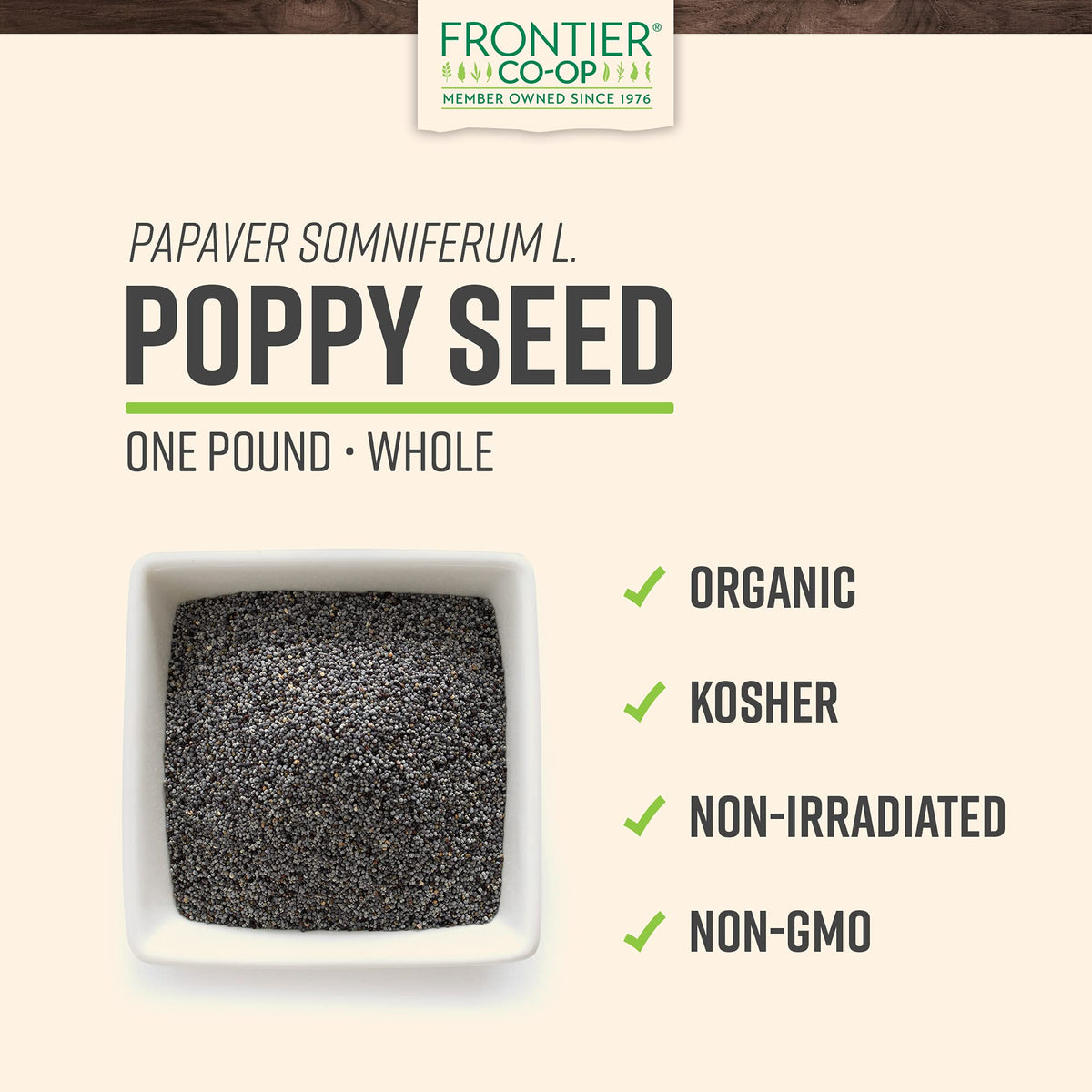 Close-up of Frontier Co-op Organic Poppy Seeds blue-black seeds for breads and dressings